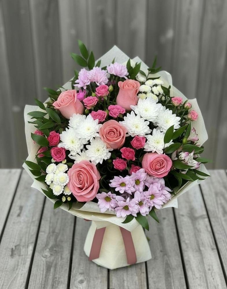 Букет цветов из: Альстромерии, Гвоздики, Розы и Хризантемы в Елизаветинском