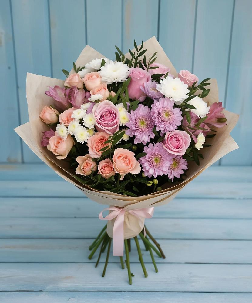 Букет цветов из: Хризантемы, Розы и Альстромерии в Елизаветинском