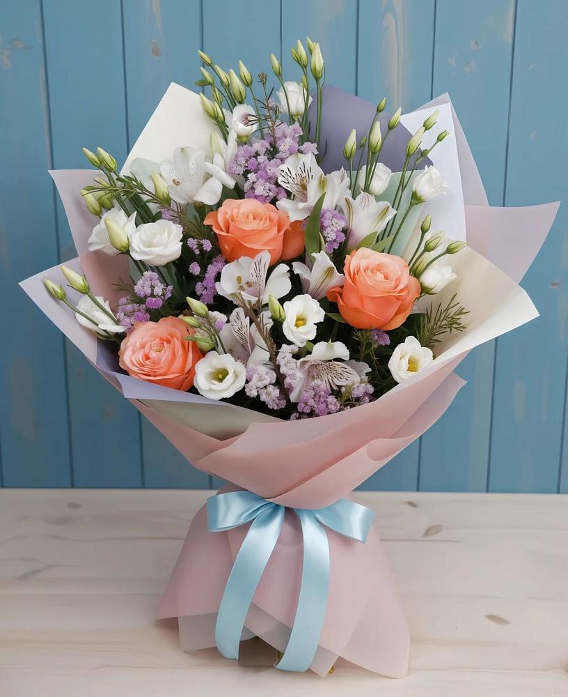 Букет цветов из: Лизиантусы, Розы, Альстромерии и Гипсофила в Елизаветинском