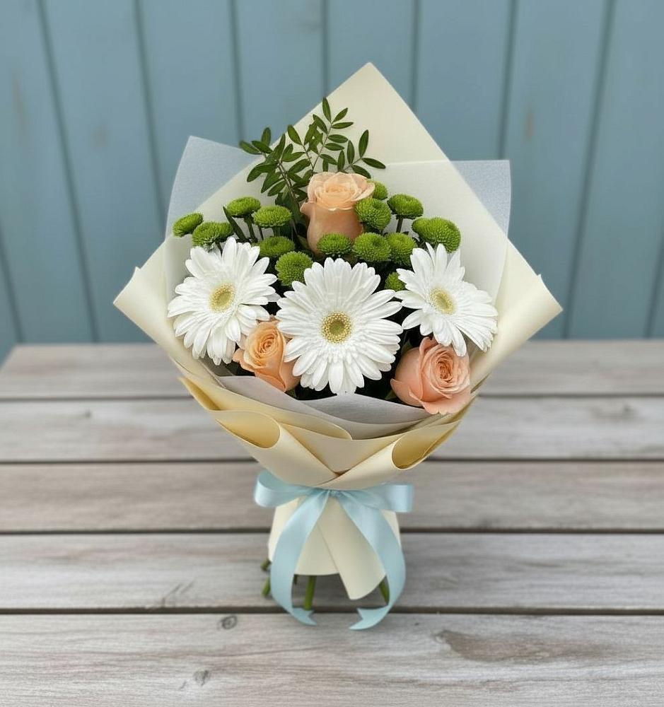 Букет цветов из: Герберы, Розы и Хризантемы в Елизаветинском
