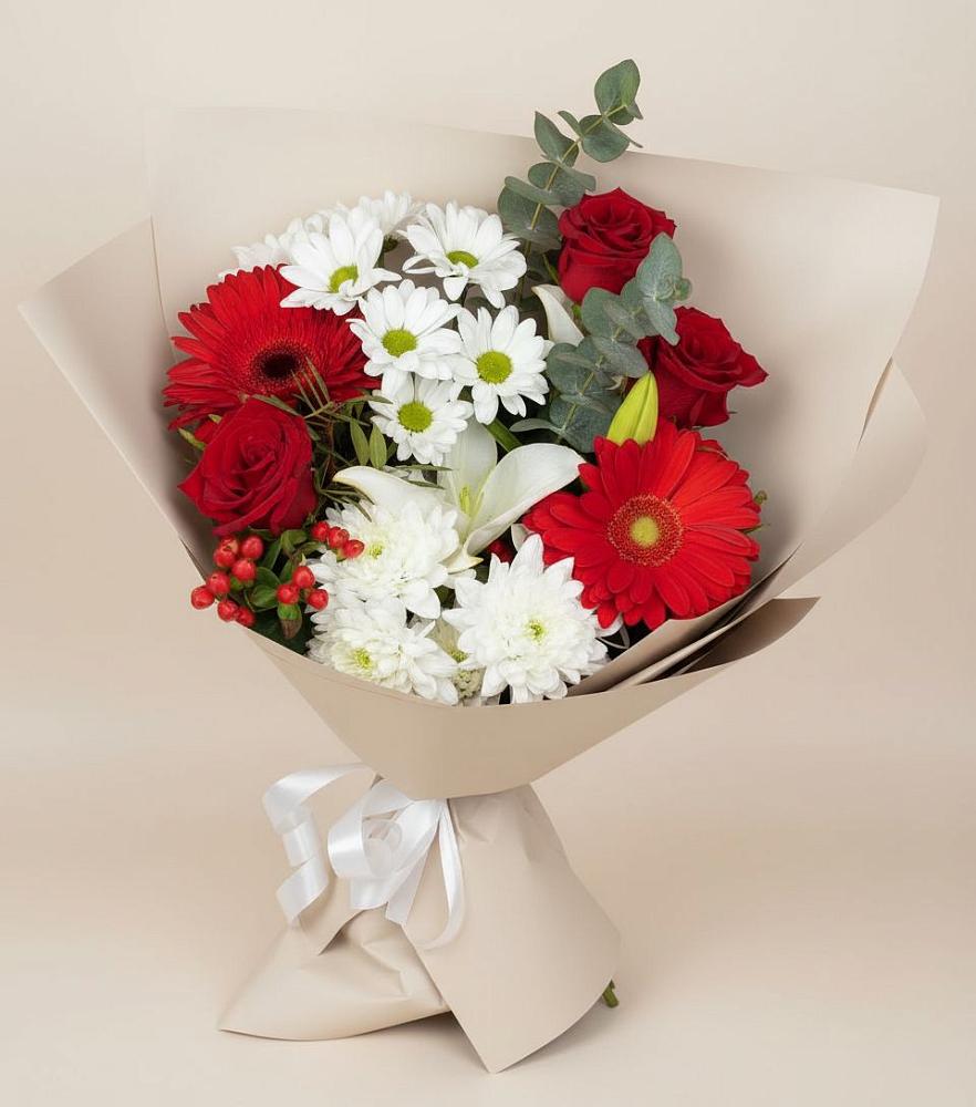 Букет цветов из: Розы, Хризантемы, Герберы и Лилии в Елизаветинском