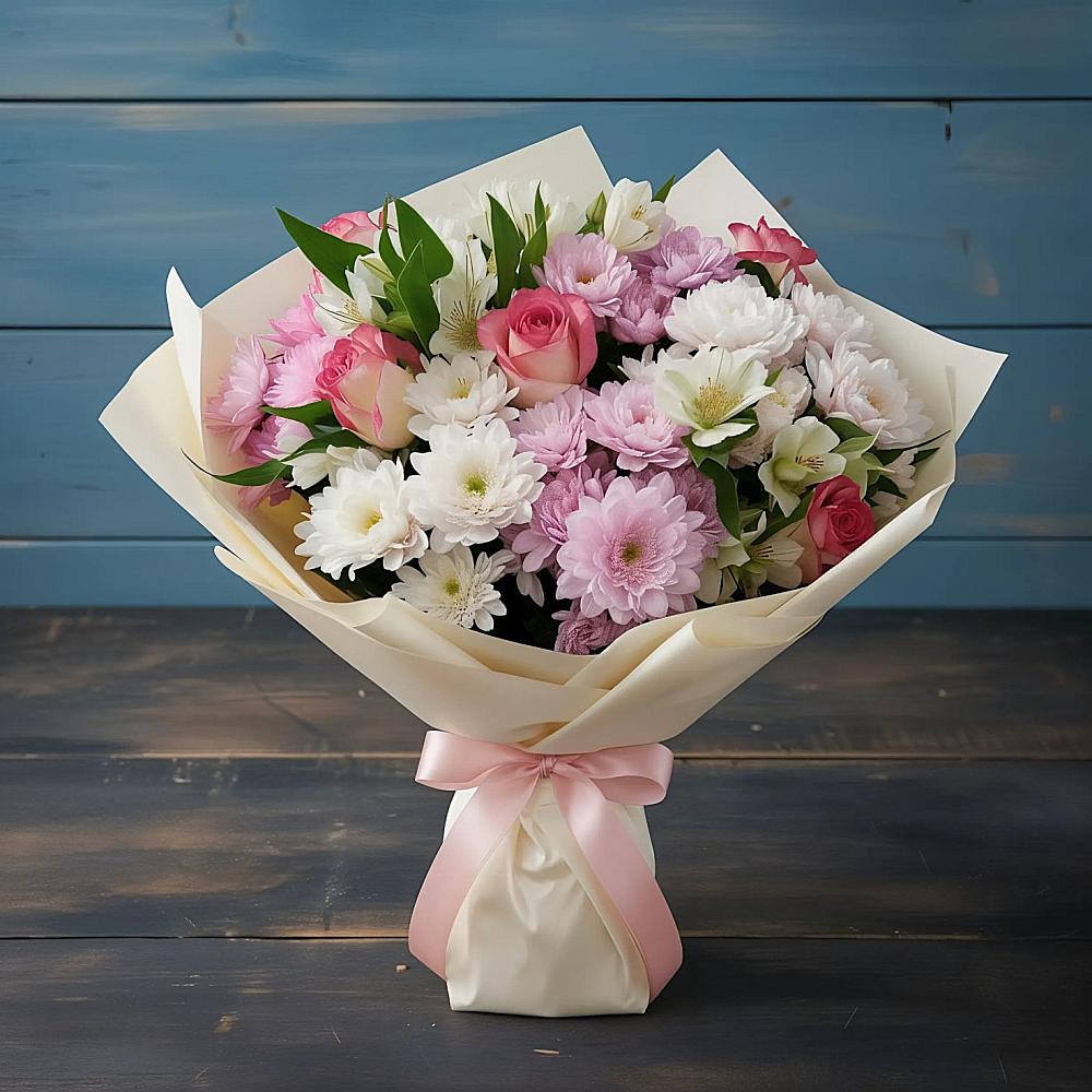 Букет цветов из: Хризантемы, Альстромерии и Розы в Елизаветинском